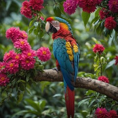 Obraz premium A colorful macaw perched on a branch covered in vibrant flowers.
