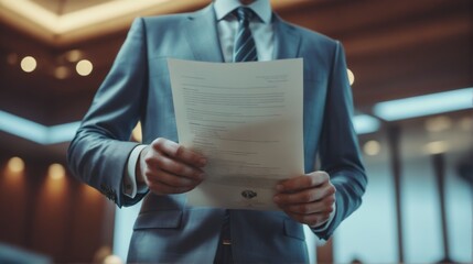 Business Leader Presenting man suit holding document his hands a