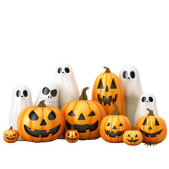 A festive Halloween scene featuring smiling pumpkins and playful ghosts, perfect for seasonal decorations and themed celebrations. Transparent background, PNG
