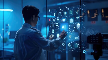 A scientist interacts with a digital interface displaying the word Ai surrounded by various icons representing technology and innovation
