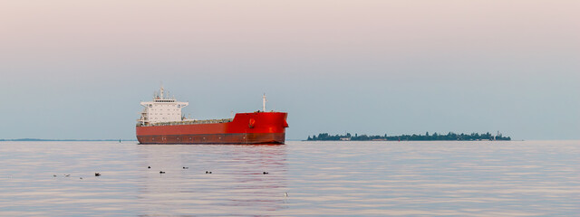 A large cargo ship moving in the water of the Black Sea. A red cargo ship is sailing on the sea.