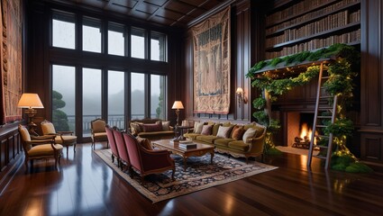 Fototapeta premium Textured Wood Base Living Room With sofas and fireplace, tall bookshelf