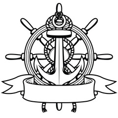 Steering wheel and anchor with blank banner drawing illustration. Nautical deisgn