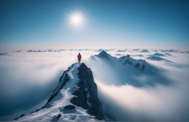 Aerial drone shot person standing top mountain peak overlooking