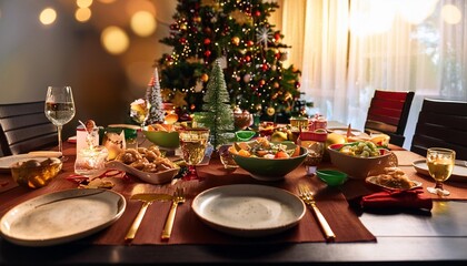 A beautifully decorated Christmas dinner table with various dishes, drinks, and a Christmas tree in the background.