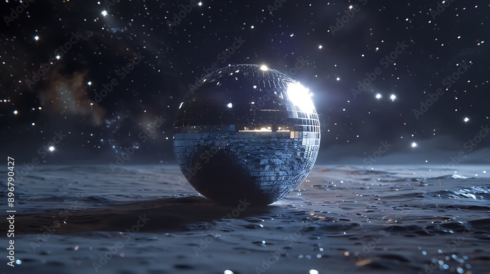 Wall mural disco ball reflection with star moon night space background for surreal universe space concept.