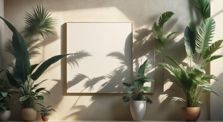 Fototapeta premium Tropical Leaf Frame room beige wall various tropical plants left