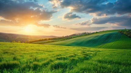 Sunset Over Rolling Green Hills