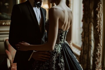 A man and a woman wearing elegant black dresses, Elegant gowns and sharp tuxedos