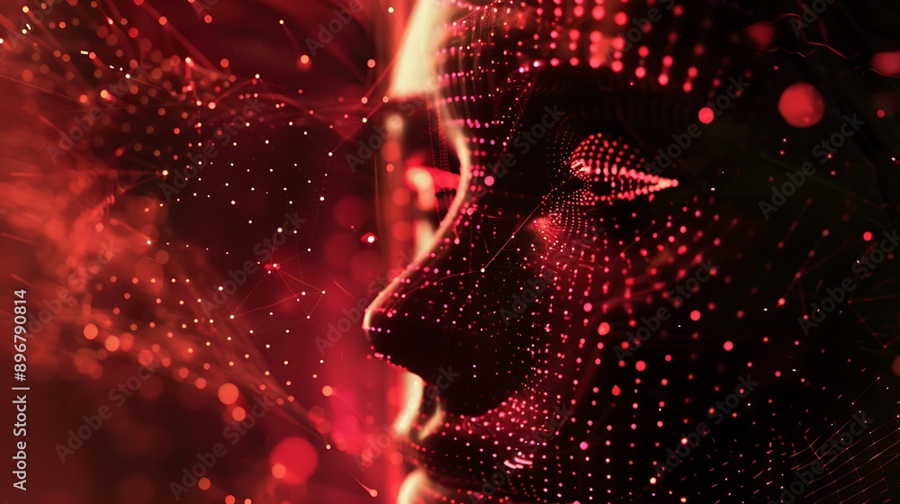 Aufkleber abstract digital face with glowing red light background for modern futuristic artificial intelligenc