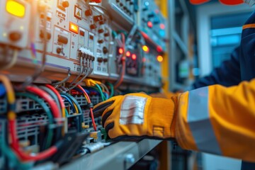 Electrician wearing protective gloves working on a fuse box in a factory