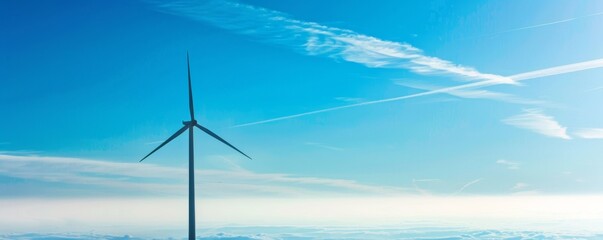 Wind turbine against a clear blue sky amidst a vast landscape, renewable energy and sustainability concept