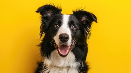 Fototapeta premium Adorable dog grinning happily, isolated on a yellow background. Capturing the joyful spirit of a happy pet