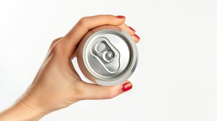 Aluminum can held by a hand, set against a white background. Close-up focusing on the