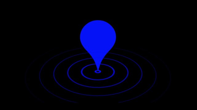 Location tracker pin pointer on black background, Animated location blue icon symbol on alpha channel. 3d Rendered animation of GPS icon