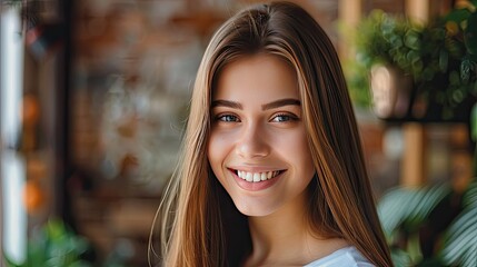 Obraz premium Beautiful model girl with shiny brown straight hair smiling in a salon. Keratin treatment for silky smoothness. Cosmetology and care focus