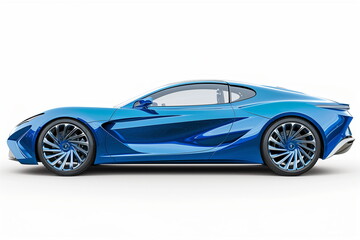 Side view of a luxury blue sports car on a white background.