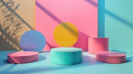 Abstract geometric podiums on colorful background for cosmetics display