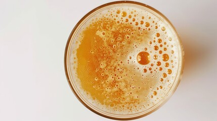 Close-up top view of unfiltered lager beer in a glass, with golden color, frothy foam, and bubbles. Showcasing wheat beer on white background