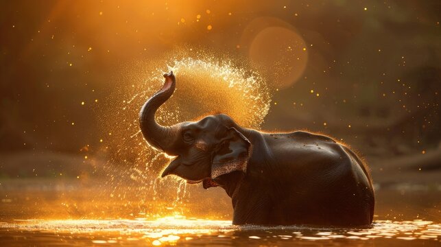 Elephant in an Indian river, spraying water from its trunk to cool down. Sunlight shining on the water, forming ripples around the animal