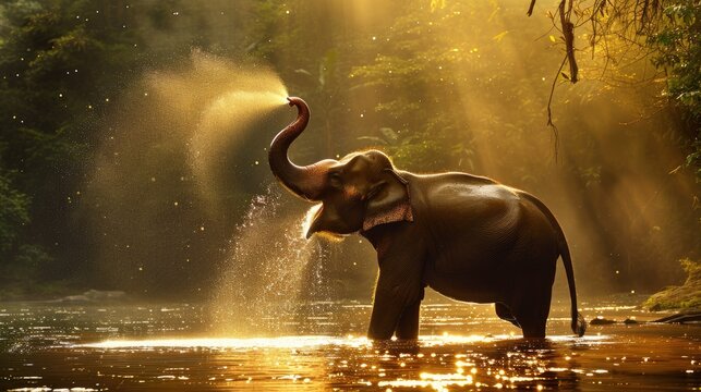 Elephant in an Indian river, spraying water from its trunk to cool down. Sunlight shining on the water, forming ripples around the animal