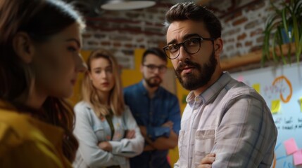 Close-up of a team leader presenting on a whiteboard, team members listening attentively, focused and collaborative, modern office, Portrait half-body, hyper-realistic, high detail, photorealistic,