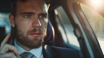 Close-up of a young professional making a phone call in a car, focused and serious, business travel, Portrait half-body, hyper-realistic, high detail, photorealistic, Key Light, Fill Light