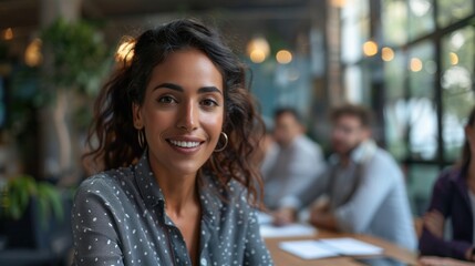 Obraz premium Close-up of a woman leading a team meeting, confident and inspiring, modern boardroom setting, Portrait half-body, hyper-realistic, high detail, photorealistic, Key Light, Fill Light