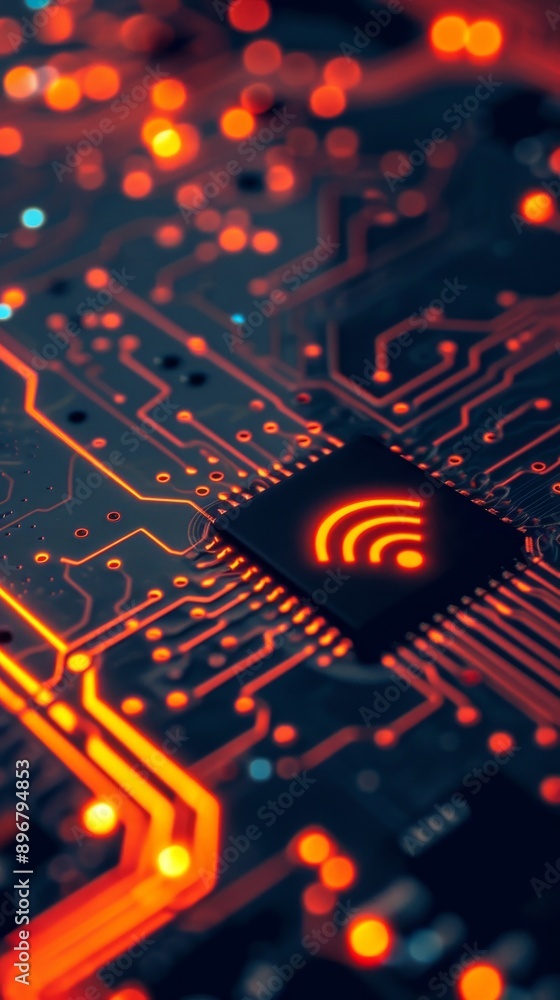 Poster close-up of a microchip with glowing circuitry, technology concept