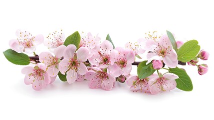 Naklejka premium Prunus tree flowers and green leaves isolated on white, capturing the essence of spring with fresh, blooming beauty