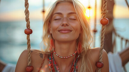girl relaxing on a swing at a serene beach, gazing out at the tranquil ocean view, evoking peace and freedom