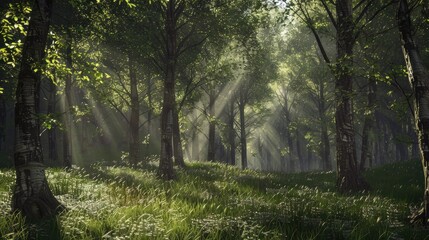 Naklejka premium Sunlight streaming through the forest, highlighting a natural landscape of trunks, twigs, and grass. Peaceful and scenic