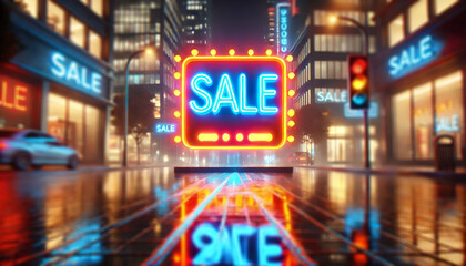 Neon Sale Sign in City Street at Night