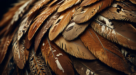 A mysterious illustration of owl feathers in an extreme close-up, showcasing the subtle patterns and earthy tones, with space for text.