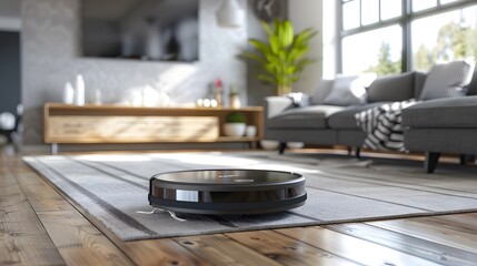 Home Cleaning Robot: A compact robot vacuum cleaning a modern living room, efficiently navigating around furniture.
