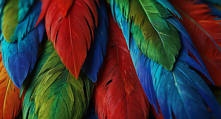 Fototapeta premium A colorful illustration of parrot feathers in an extreme close-up, highlighting the vivid green, blue, and red hues, with space for text.