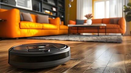 Home Cleaning Robot: A compact robot vacuum cleaning a modern living room, efficiently navigating around furniture.
