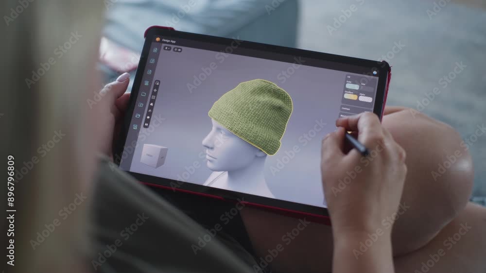 Poster woman draws and creates clothes in 3d modeling design application using digital tablet and stylus. c