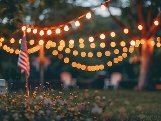 Fototapeta premium Festive American Backyard with String Lights and Flags for 4th of July Celebration. Patriotic Decorations and Outdoor Party Atmosphere in Blurred Background for Independence Day Festivities.