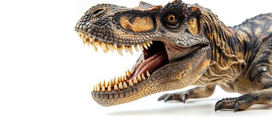 Close-up of a roaring Tyrannosaurus Rex dinosaur model against a white background, showcasing sharp teeth and realistic details.