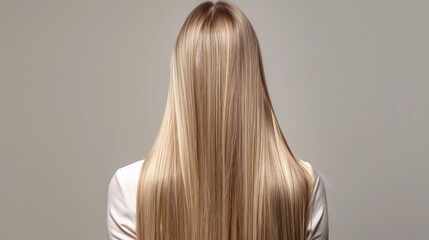 Naklejka premium Woman with long, straight, and healthy blonde hair from behind. Emphasis on hair care and straightening results