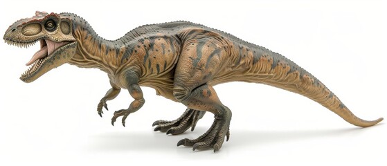 Obraz premium Realistic model of a dinosaur, showcasing its fearsome features and intricate details standing against a white background.