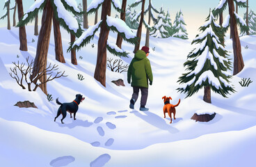 Man walking in pine forest with dog in winter covered with snow