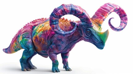 Obraz premium Vibrant multicolored dinosaur figurine with intricate designs and large curved horns isolated on a white background.
