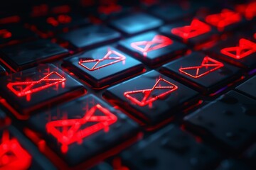 A computer keyboard with email icons prominently displayed, emphasizing digital communication, Email Security Warning, Importance of Strong Password Protection