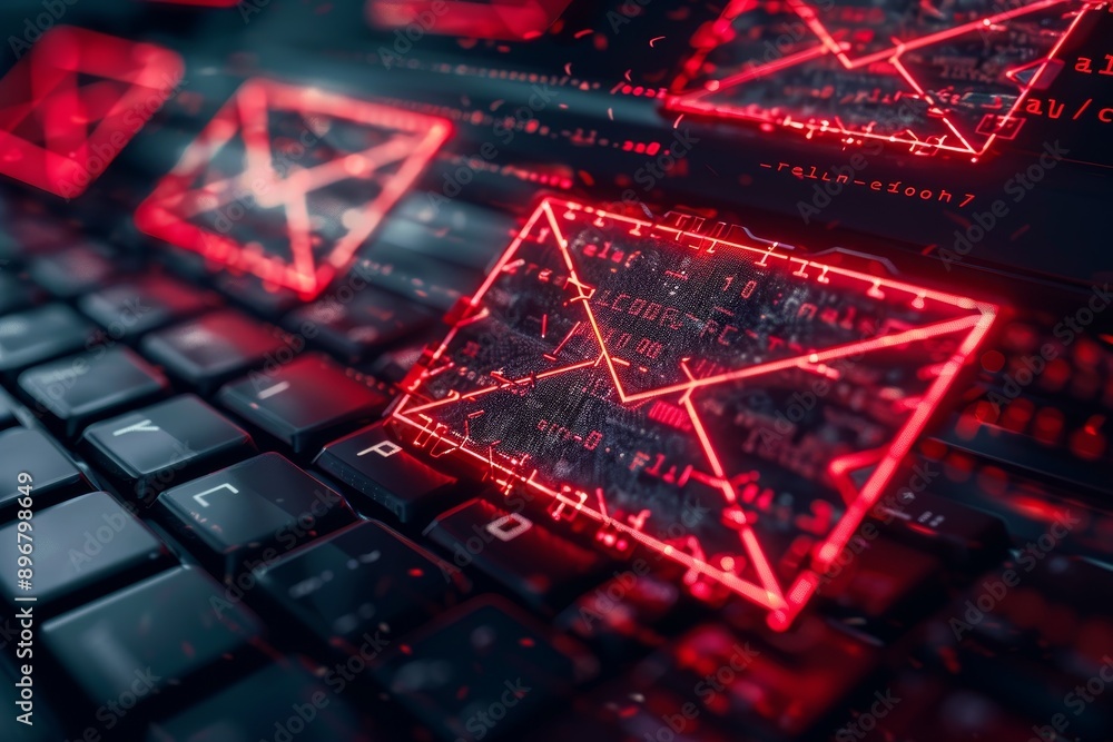 Poster a computer keyboard with red envelopes placed on top, illustrating a concept of email security and p