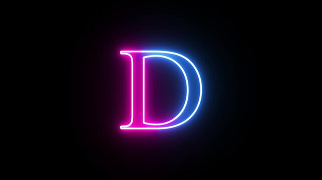 Neon capital letter alphabet D animation. Purple and blue neon font letter "D" on black background. Educational concept