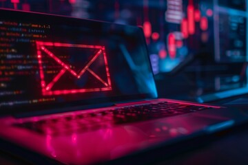A laptop featuring an email icon on its screen, representing electronic mail communication, Email Security Warning, Potential Phishing Attempts Detected