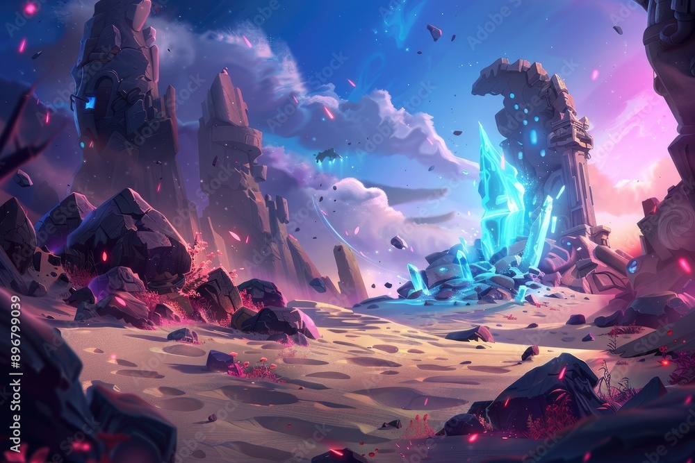 Canvas Prints A Fantasy Landscape With Crystal Formations And Ruined Structures