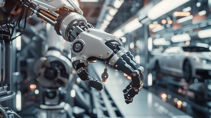 Industrial Robot Arm: A powerful industrial robot arm assembling car parts in an automated factory.
